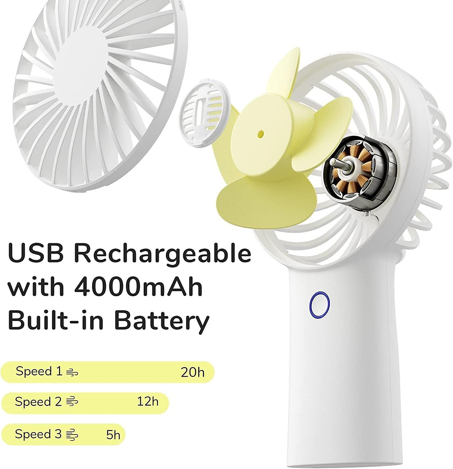 Portable Fan， 4000mah Mini Hand Fan， Small Usb Rechargeable Fan [5-20h Working Time] Battery Operated Personal Fan With 3 Speeds For Outdoor/office