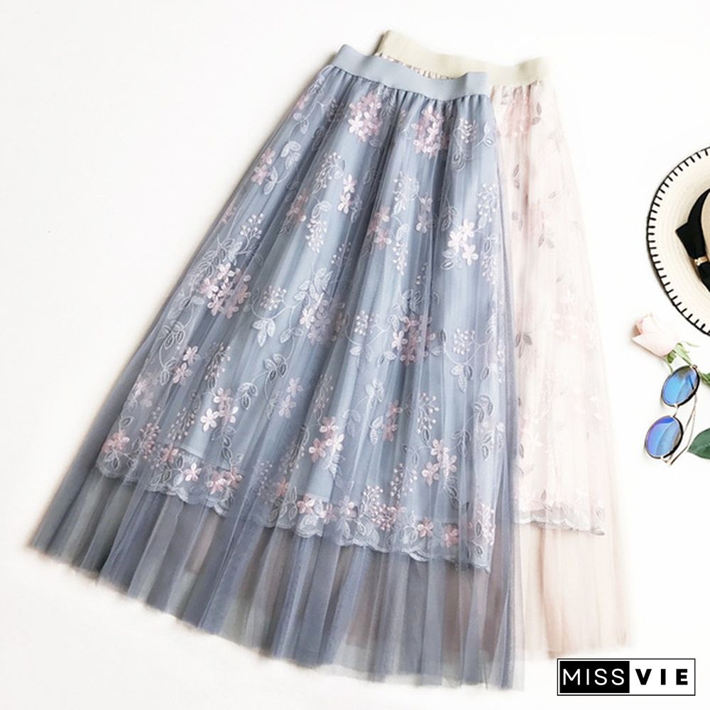 Summer Korean Skirt Heavy Work Embroidered High Waist A Word Long Skirt Fairy Mesh Skirt