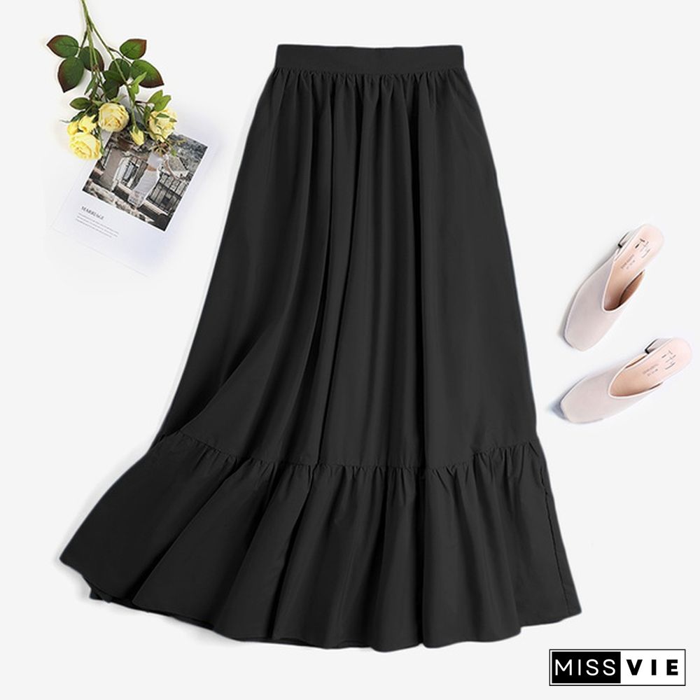 Women Umbrella Long Skirt Dress High Waist Ruffle Hem Casual Pleated Maxi Skirts Plus Size