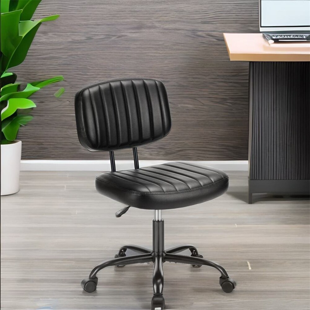 Height Adjustable Leather Low Back Home Office Chair with Wheels   N/A