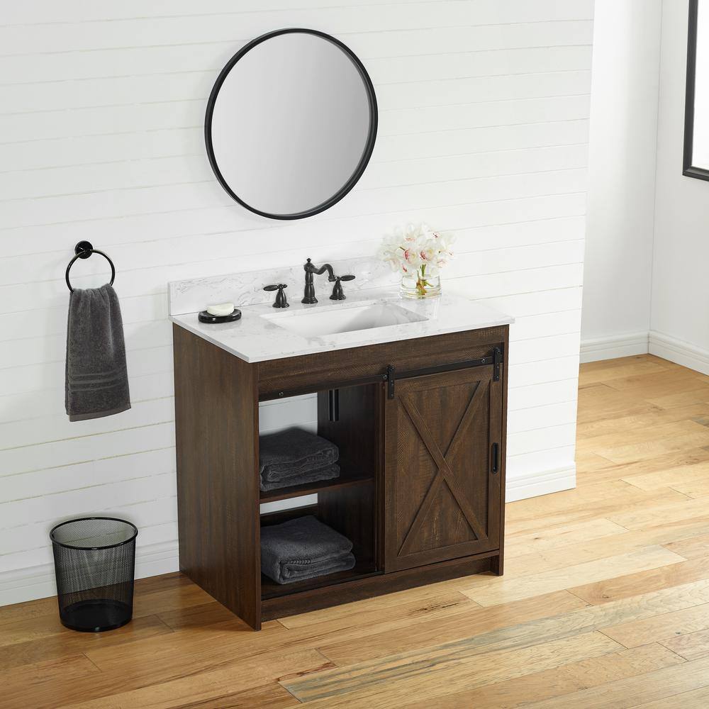 SUDIO Rafter 36 in. W x 22 in. D x 33.86 H Bath Vanity in Rustic Brown with Carrara White Engineered Stone Vanity Top Rafter-36RB