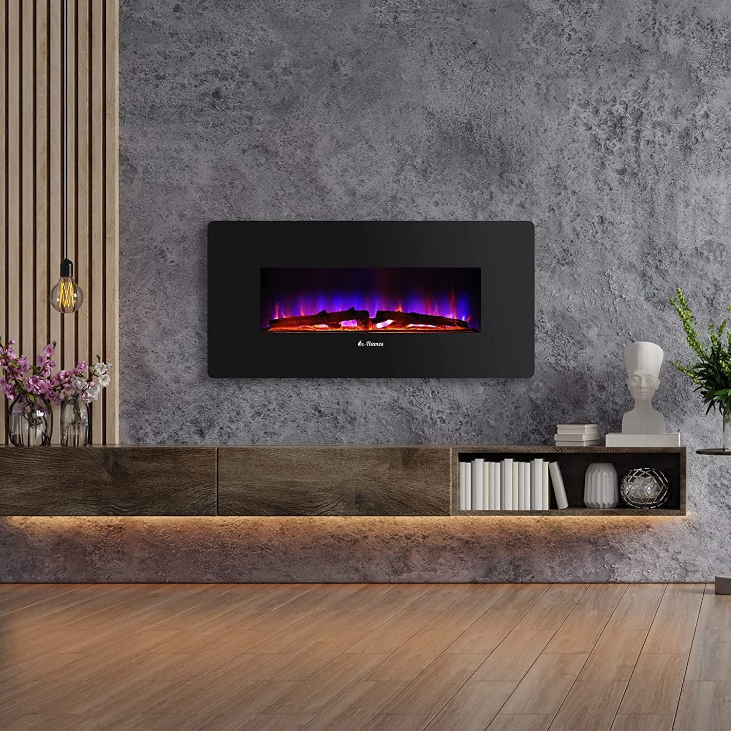 TURBRO 36 Inch Electric Wall Mounted Fireplace with Alternative Standing Base - Adjustable Flame Effects, Thermostat, Timer, Remote Control, 1400W Heater