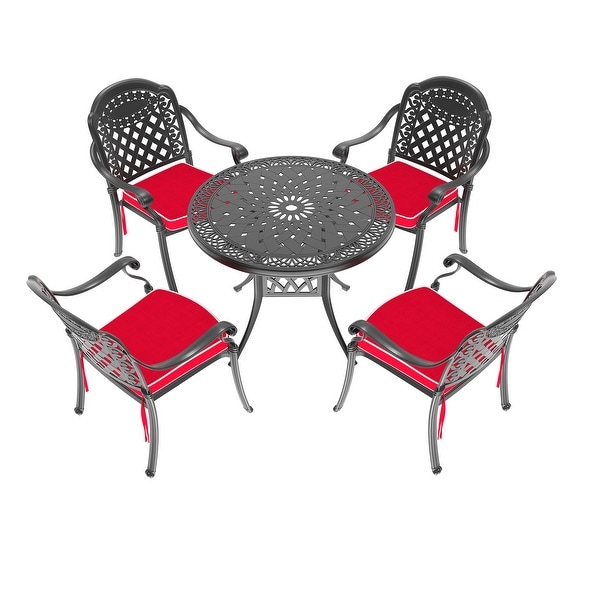 3/5Piece Cast Aluminum Outdoor Dining Set with 35.43 in. Round Table and Random Color Cushions