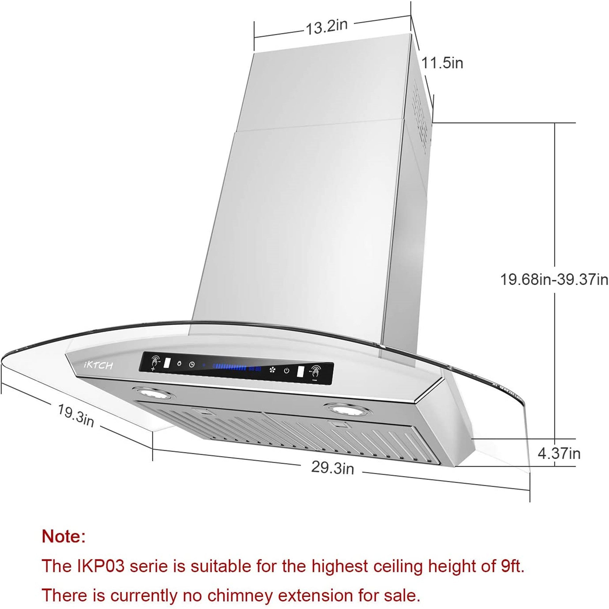 IKTCH 30-inch Wall Mount Range Hood Tempered Glass 900 CFM， Kitchen Chimney Vent Stainless Steel with Gesture Sensing and Touch Control Switch Panel， 2 Pcs Adjustable Lights(IKP03-30)