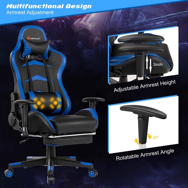 PU Leather Massage Gaming Chair with Footrest, Height Adjustable High Back Ergonomic Gamer Racing Recliner, Swivel PC Game Chair Office Chair