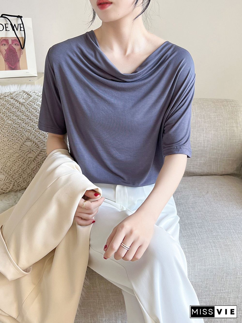 Short Sleeves Pleated Solid Color Heaps Collar T-Shirts Tops