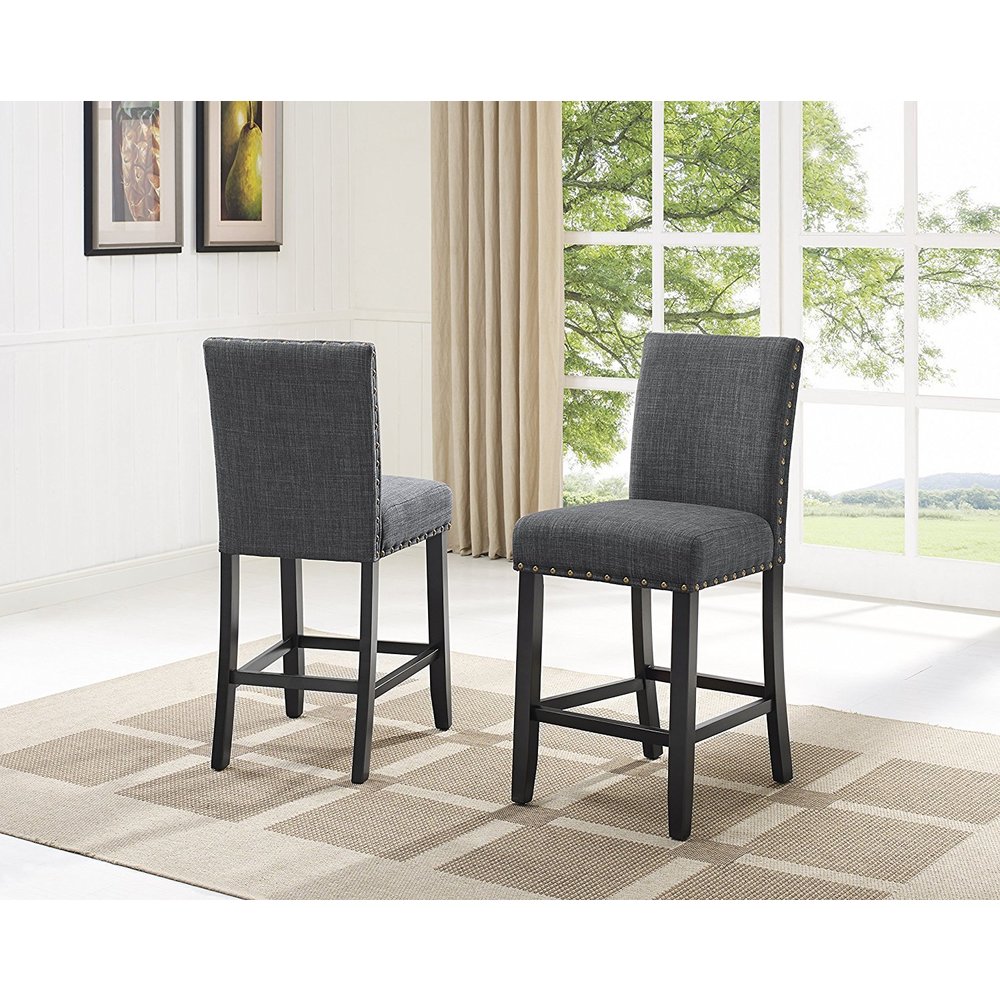 Roundhill Furniture Biony 5 Piece Espresso Wood Counter Height Dining Set with Fabric Nail head Chairs