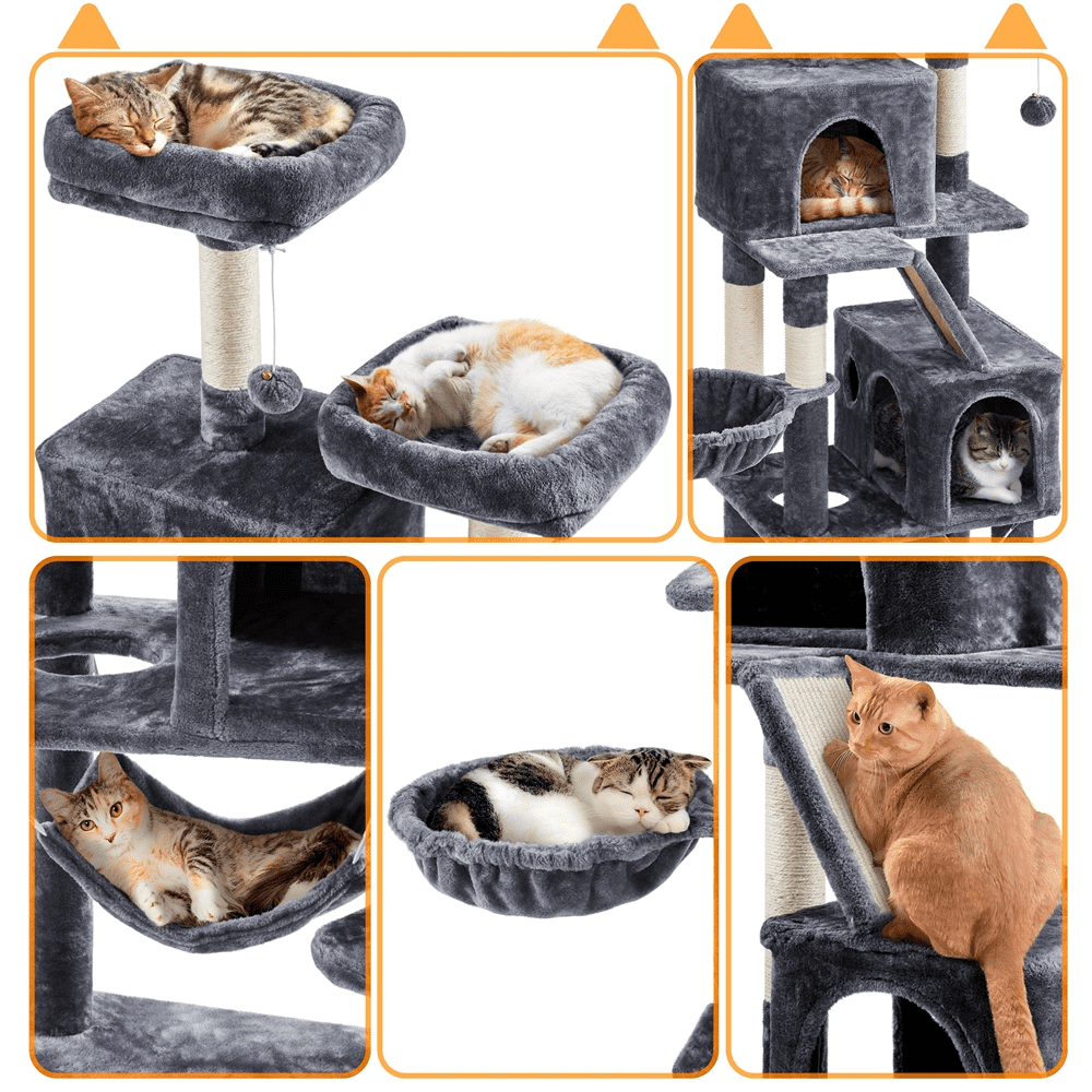 SMILE MART 71″ H Multi-Level Large Cat Tree with 2 Cozy Perches 2 Condos，Dark Gray