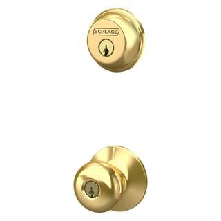 Schlage Plymouth Bright Brass Single Cylinder Deadbolt and Keyed Entry Door Knob Combo Pack FB50N V PLY 505 605