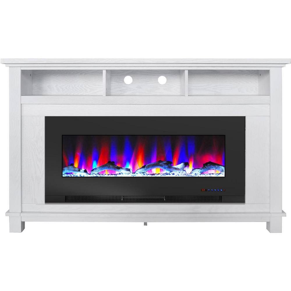 Hanover Winchester 57.8 in. Freestanding Electric Fireplace TV Stand in White and with Black Driftwood Log Display FS5735-2BWT