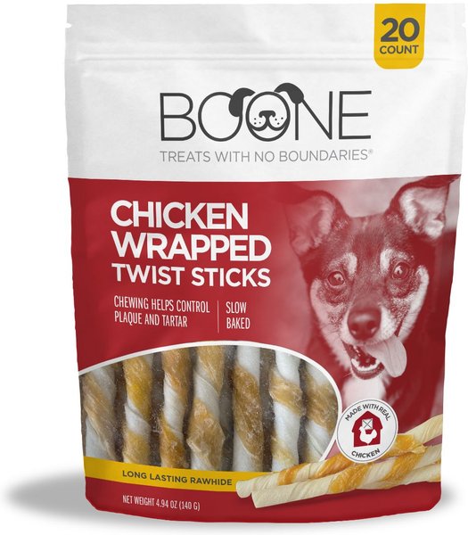 Boone Chicken Wrapped Twist Small Sticks Dog Treats， 20 count