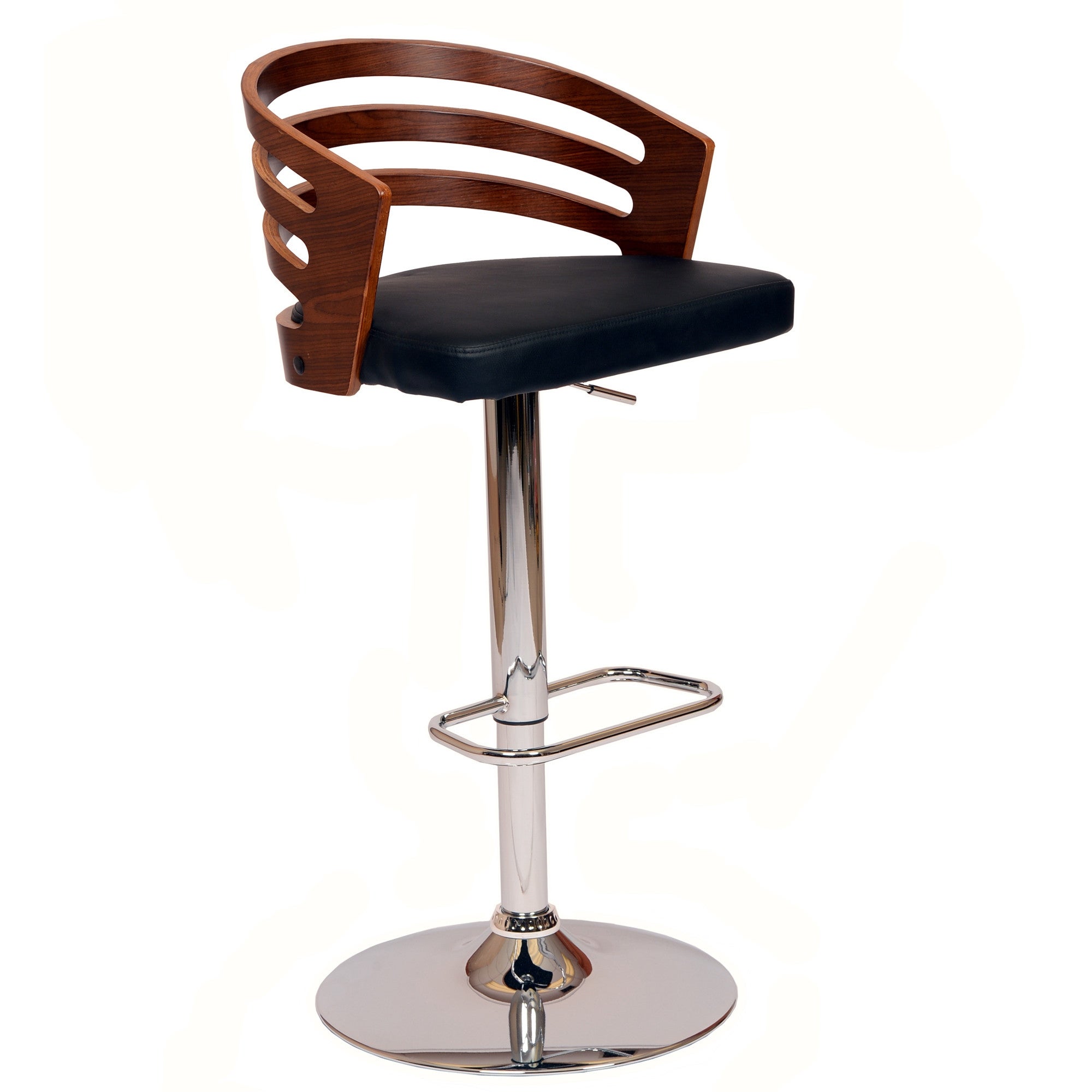 Black Faux Leather Walnut and Chrome Adjustable Swivel Bar Stool - 44