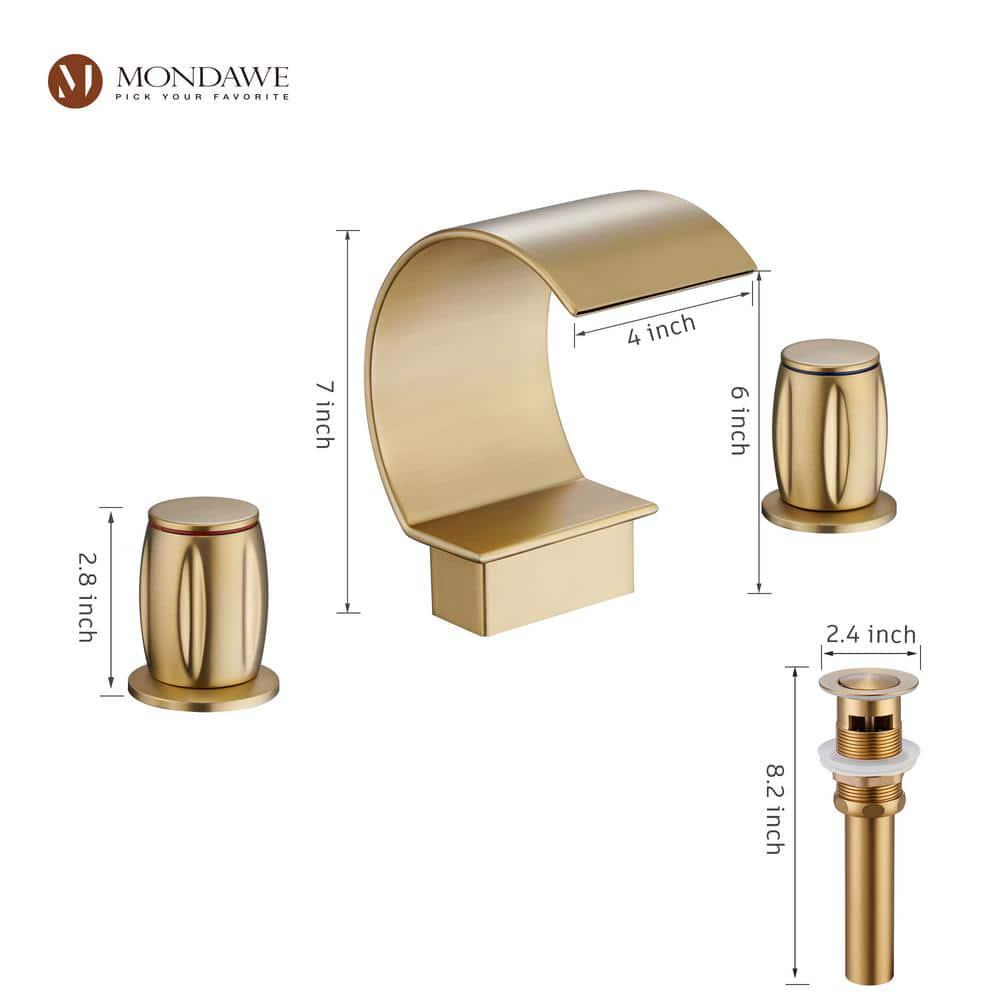 Mondawe Luxury C Arc Waterfall Spout 2Handle 8 in Widespread Bathroom Sink Faucet With Popup Drain in Brushed Gold