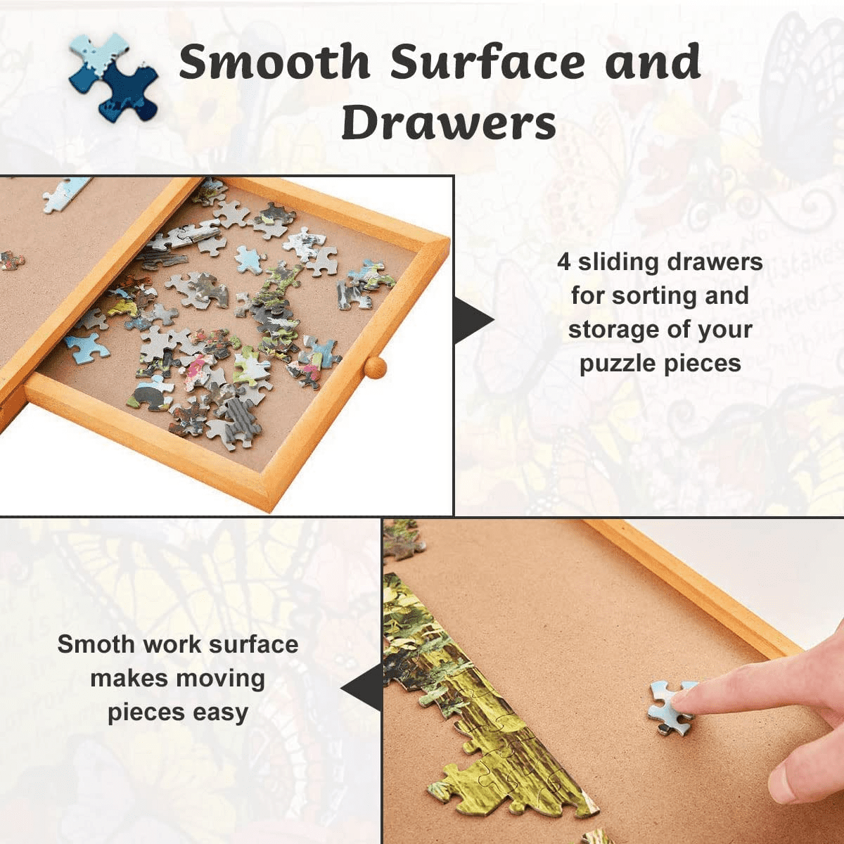Puzzle Board， Wooden Puzzle Board，Puzzle Tables for Adults， Puzzle Boards and 4 Storage and Sorting Drawers， Jigsaw Puzzle Table， Puzzle Tray， Puzzle Table， Standard Size: 29