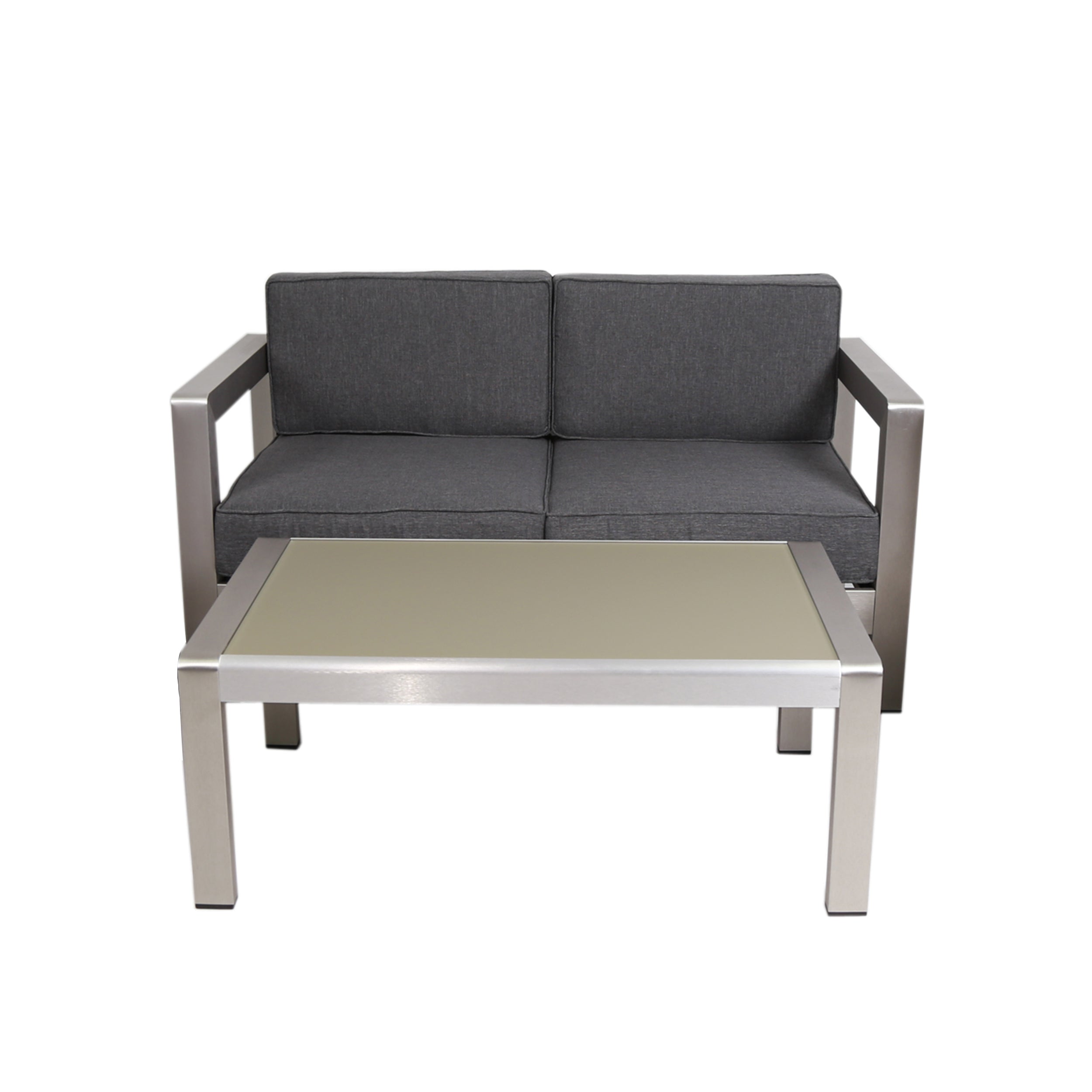 Alec Outdoor Aluminum Loveseat and Tempered Glass-Topped Coffee Table, Silver and Gray