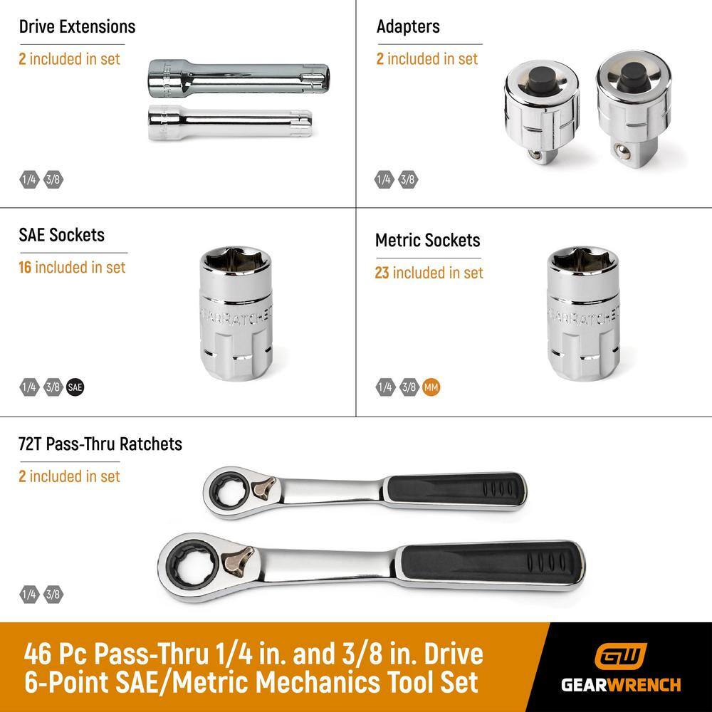 GEARWRENCH Pass-Thru 14 in. and 38 in. Drive 6-Point SAEMetric Mechanics Tool Set (46-Piece) 8946