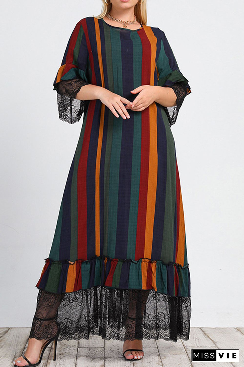 Plus Size Stripe Mesh Lace Long Sleeve Dress Wholesale