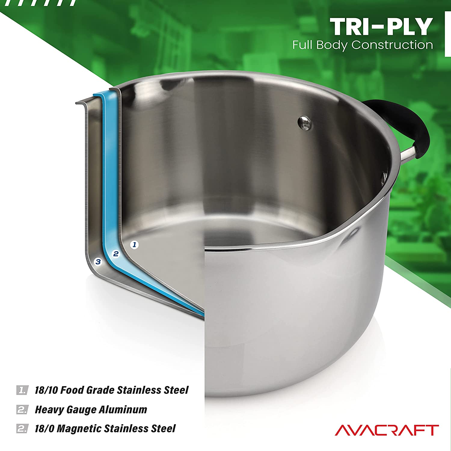 AVACRAFT Tri-Ply Stainless Steel Stockpot with Glass Strainer Lid， Side Spouts， 6 Quart Pot， Multipurpose Stock Pot， Sauce Pot (Tri-Ply Full Body， 6 QT)