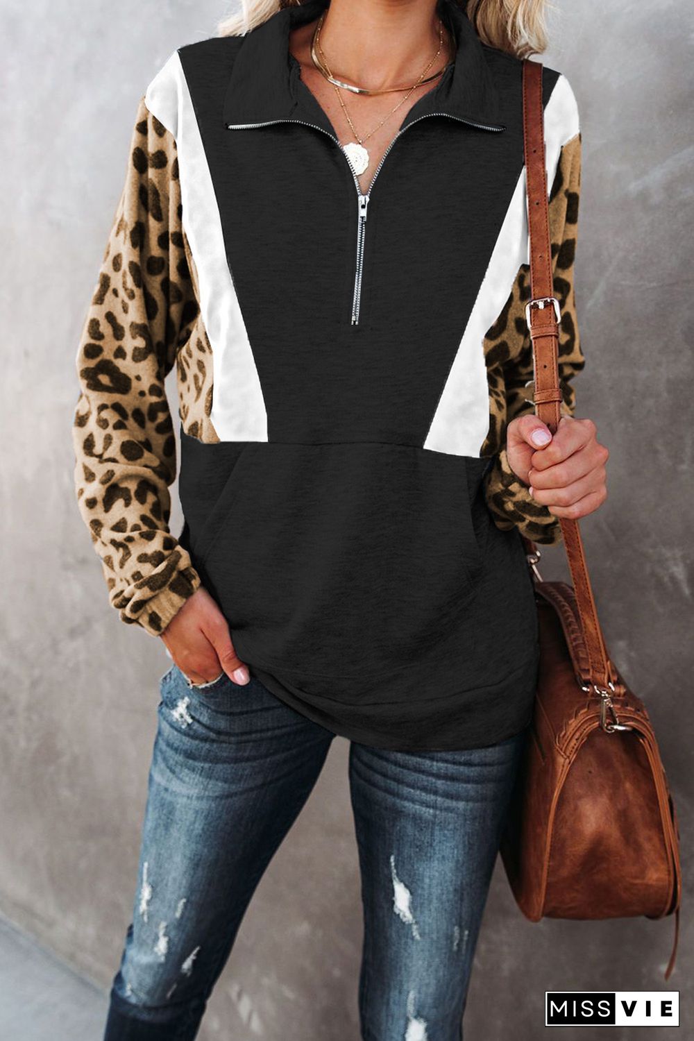 Black Pocketed Half Zip Leopard Pullover Sweatshirt