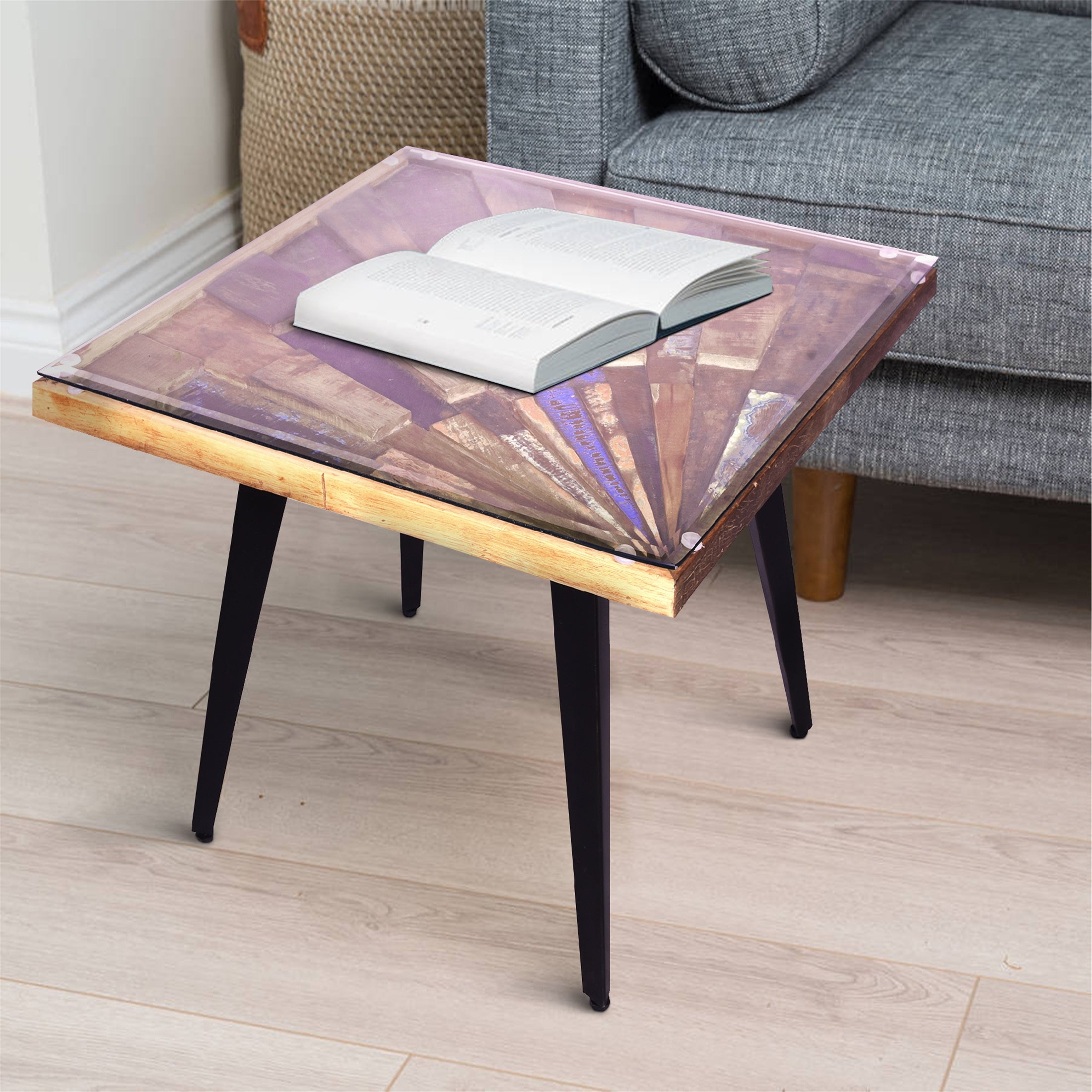 Multicolor Square Wooden End Table Sunburst Design Glass Inserted Top