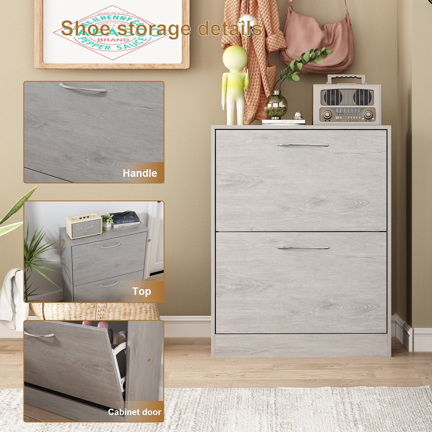 Grey Wood 12-Pair Shoe Storage Cabinet w/ 2 Flip Drawers by Kerrogee - - 35523724