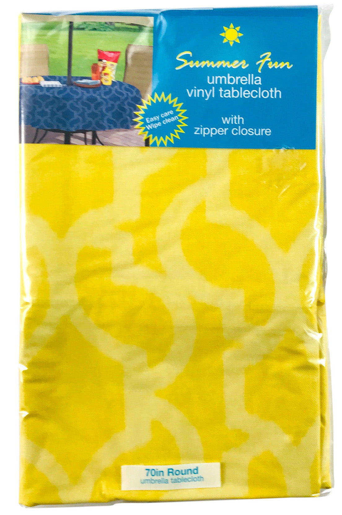 Elrene Summer Vinyl Tablecloths: Umbrella Hole with Zipper 70" Round, Yellow Geo Waves