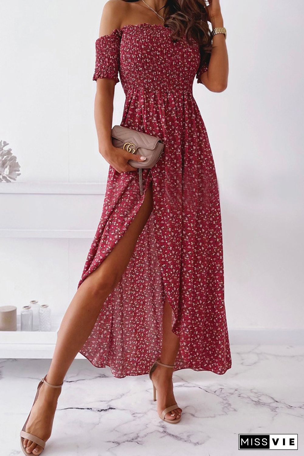 Floral Print Off Shoulder Long Split Dress Wholesale