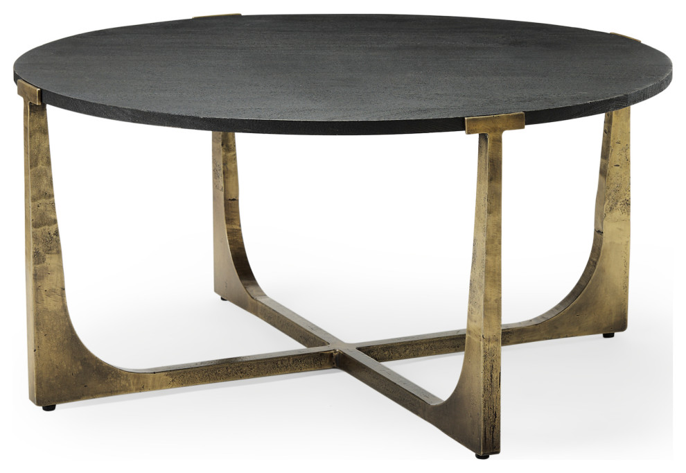 Atticus Black Solid Wood And Antiqued Gold Metal Round Coffee Table   Modern   Coffee Tables   by Mercana  Houzz