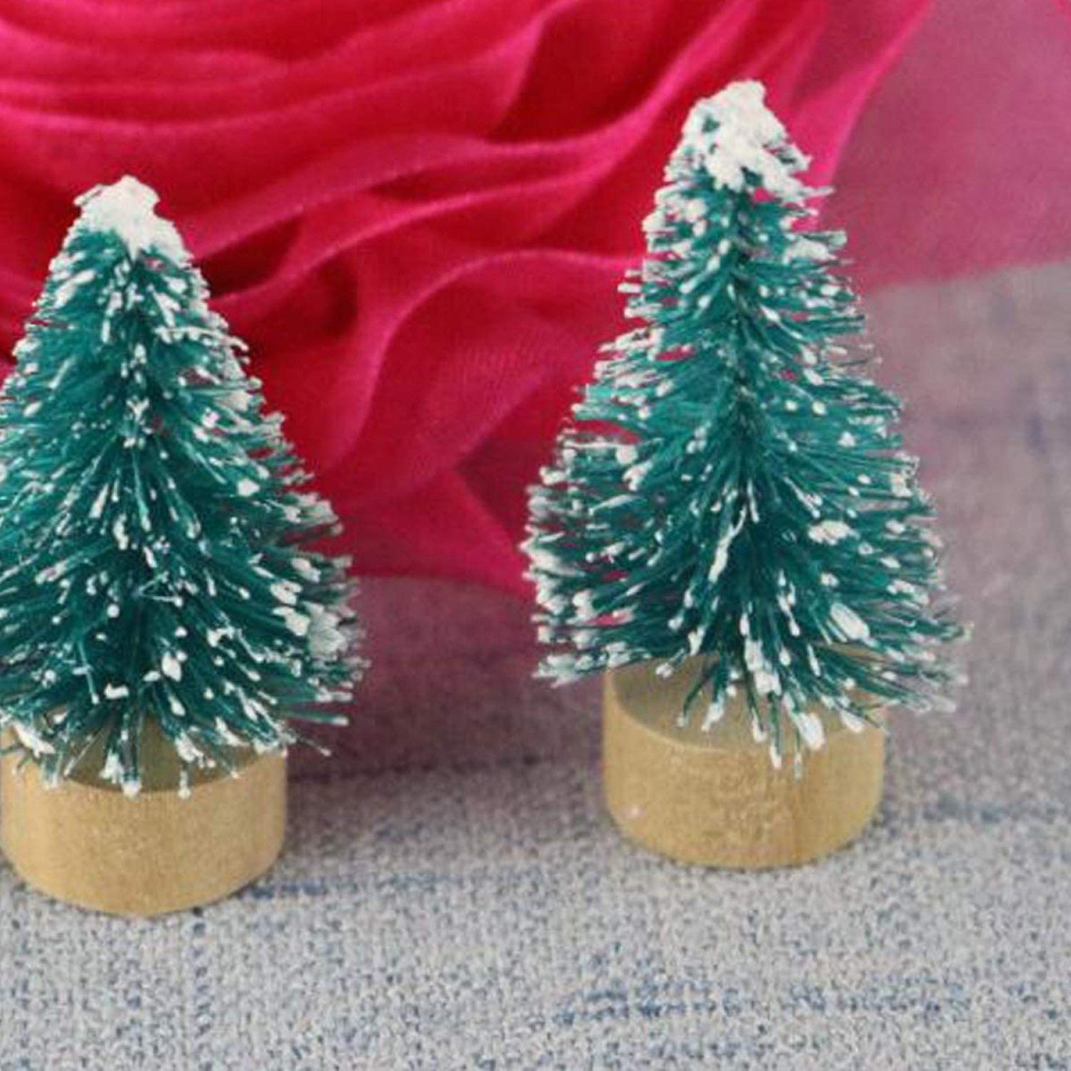 24 Pcs Mini Artificial Pine Trees Frosted Sisal Trees Christmas Tree With Wood Base Bottle Brush Trees Plastic Winter Snow Ornaments Tabletop Trees Fo