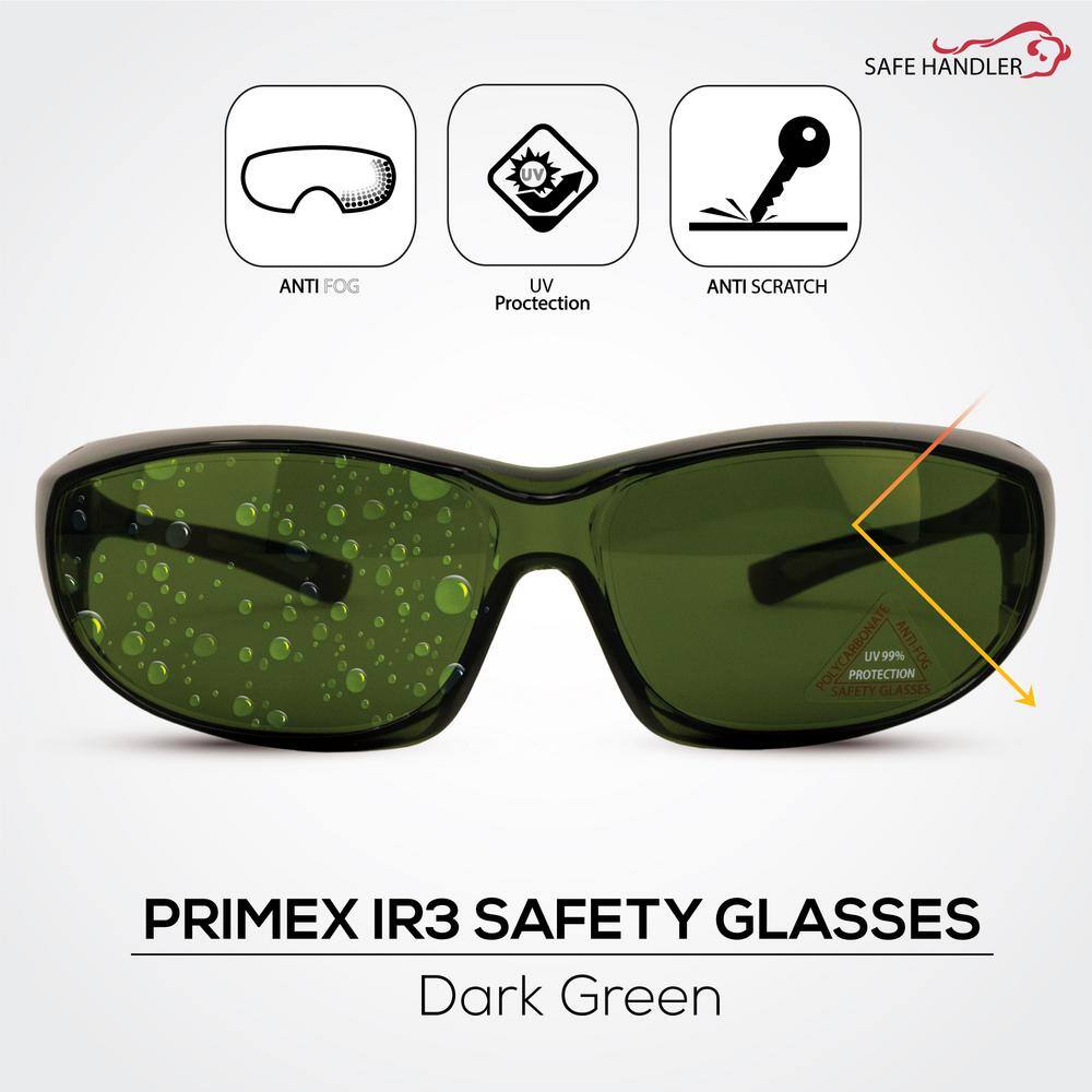 Safe Handler PrimeX IR3 Safety Glasses Anti-Fog-Scratch Wrap Around Lenses (3-Pairs) SH-PRXSG-FCGN-MS14-IR3-3