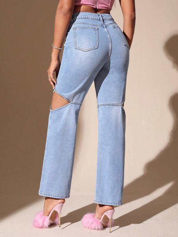 Cut Out Straight Leg Jeans