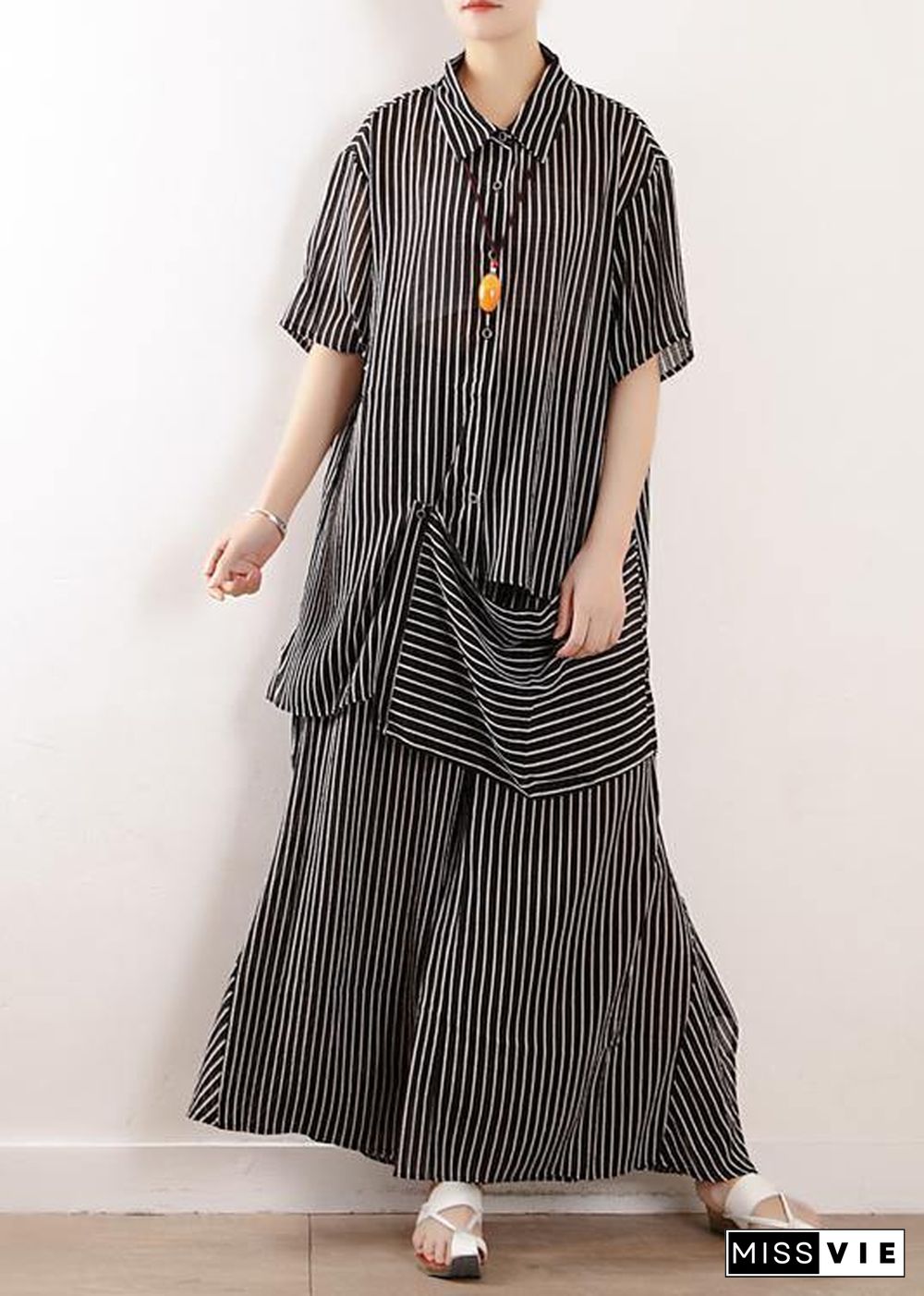 Original literary loose large size gray stripes were thin and irregular chiffon wide-leg pants two-piece suit