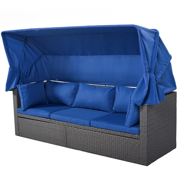 Roomfitters Outdoor Patio Rectangle Daybed with Retractable Canopy，Wicker Sectional Seating with Washable Cushions