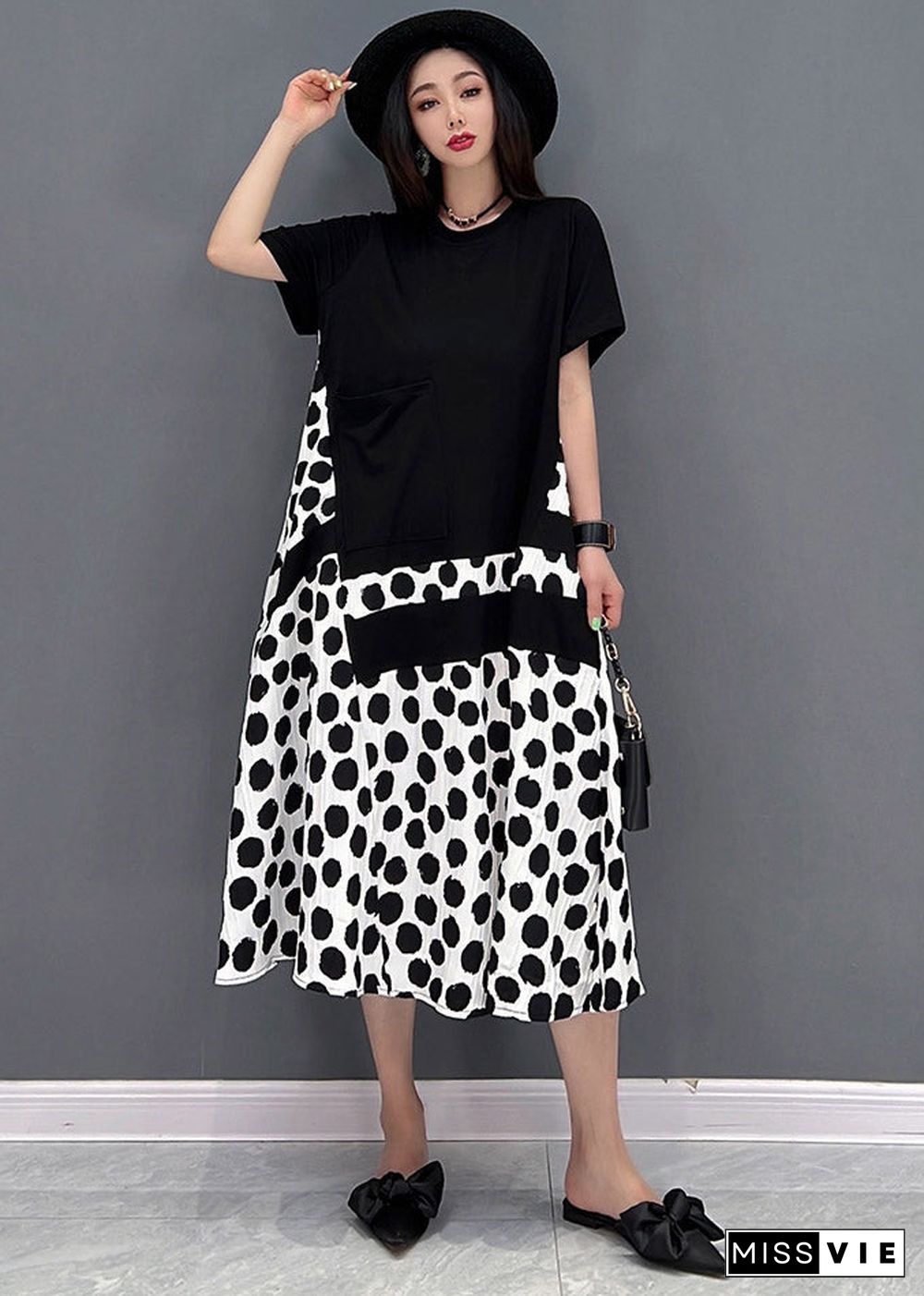 Black O-Neck Dot Maxi Dresses Short Sleeve