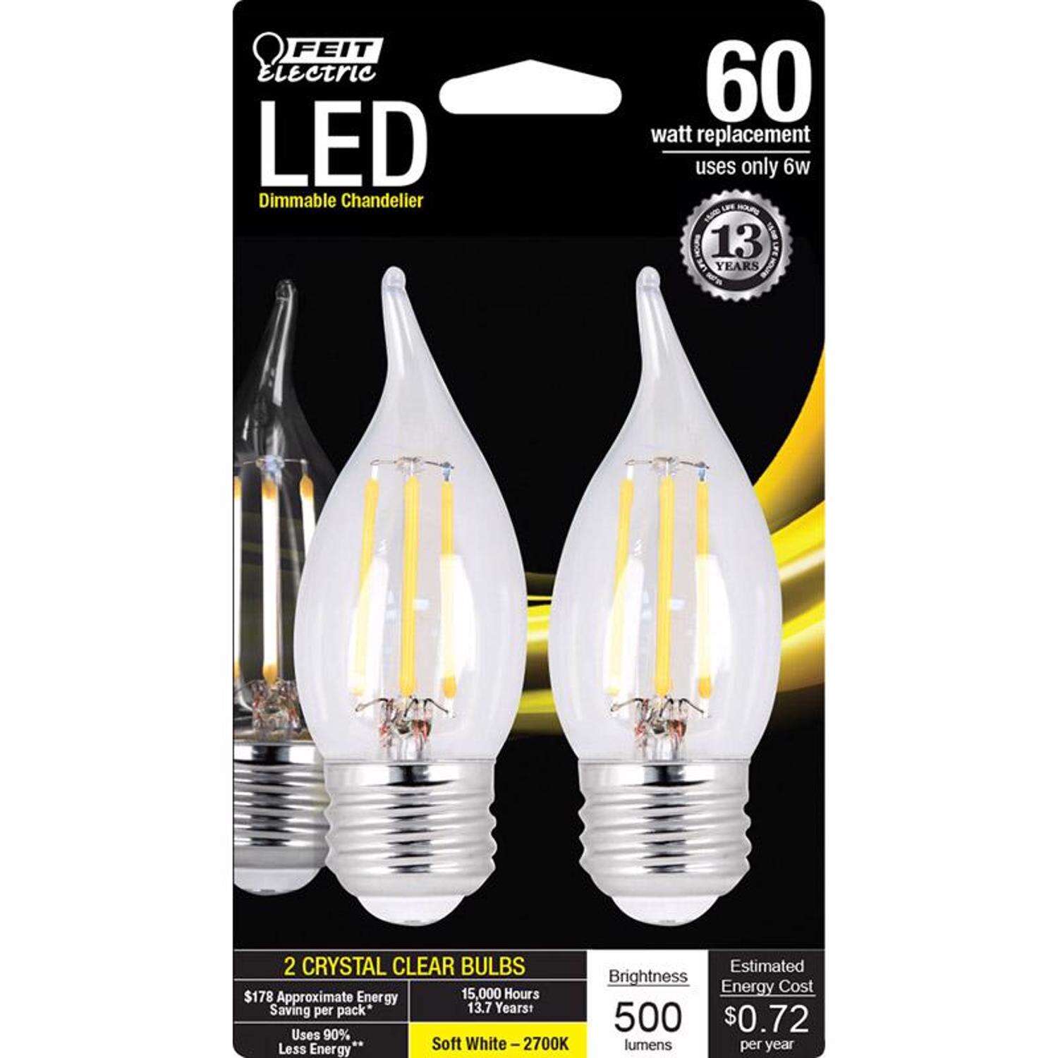 Feit CA10 (Flame Tip) E26 (Medium) LED Light Bulb Soft White 60 Watt Equivalence 2 pk