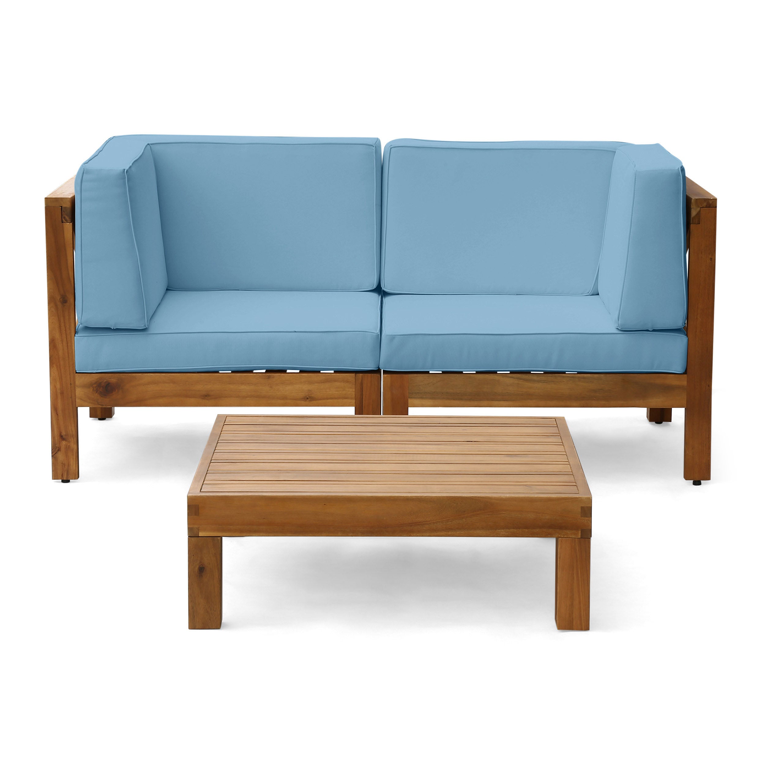 Brava Outdoor Modular Acacia Wood Sofa with Cushions and Coffee Table Set