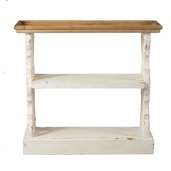 35 Inch 3 Tier Console Table， Fir Wood， Carved Panels， Brown and White