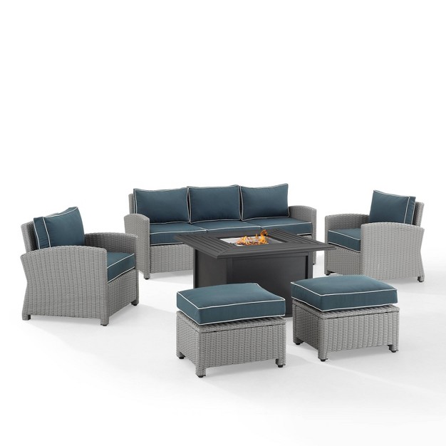 Bradenton 6pc Outdoor Wicker Sofa And Arm Chair Seating Set With Dante Fire Table And 2 Ottomans Navy gray Crosley