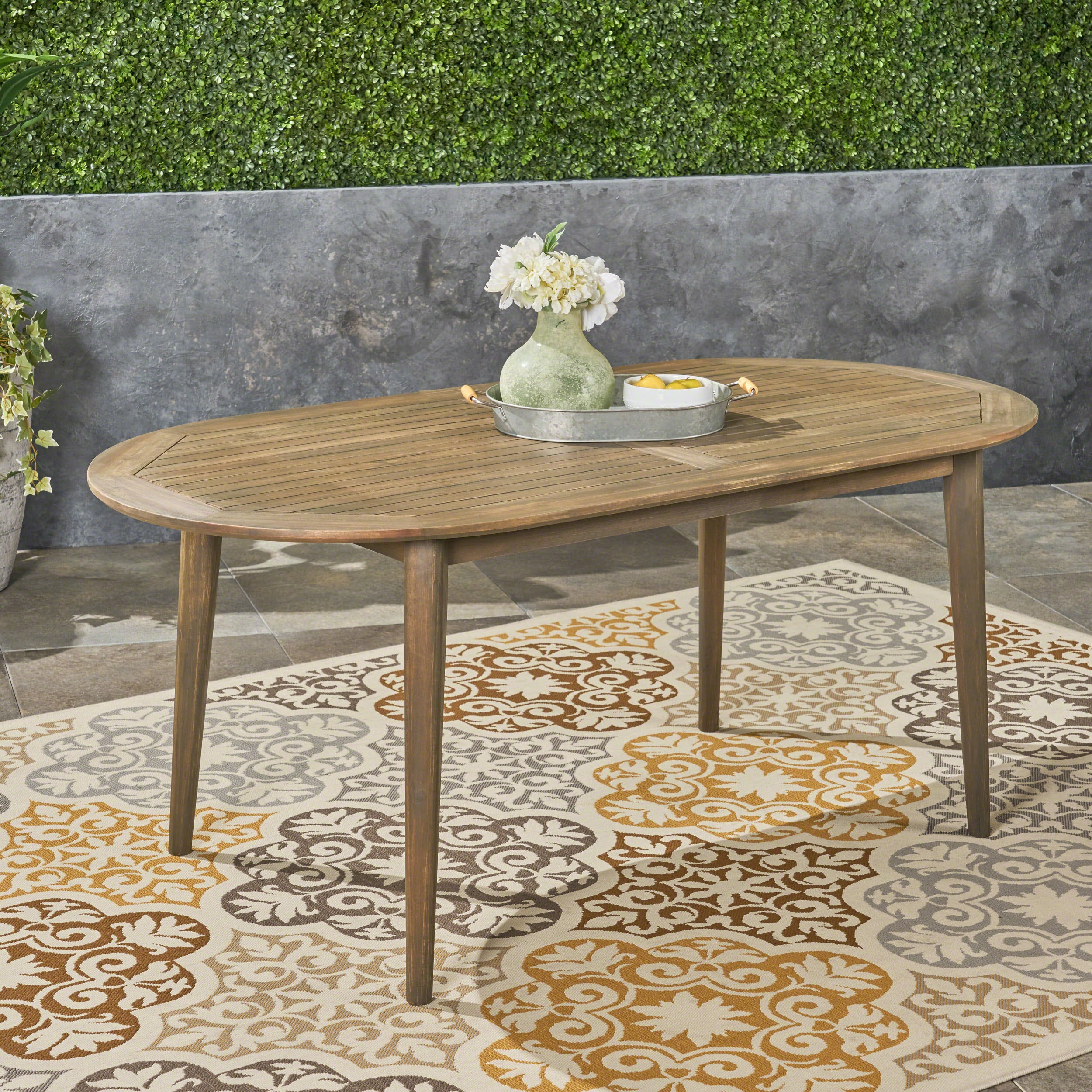 Stanford Outdoor Rustic Slat-Top Acacia Wood Oval Dining Table with Tapered Legs