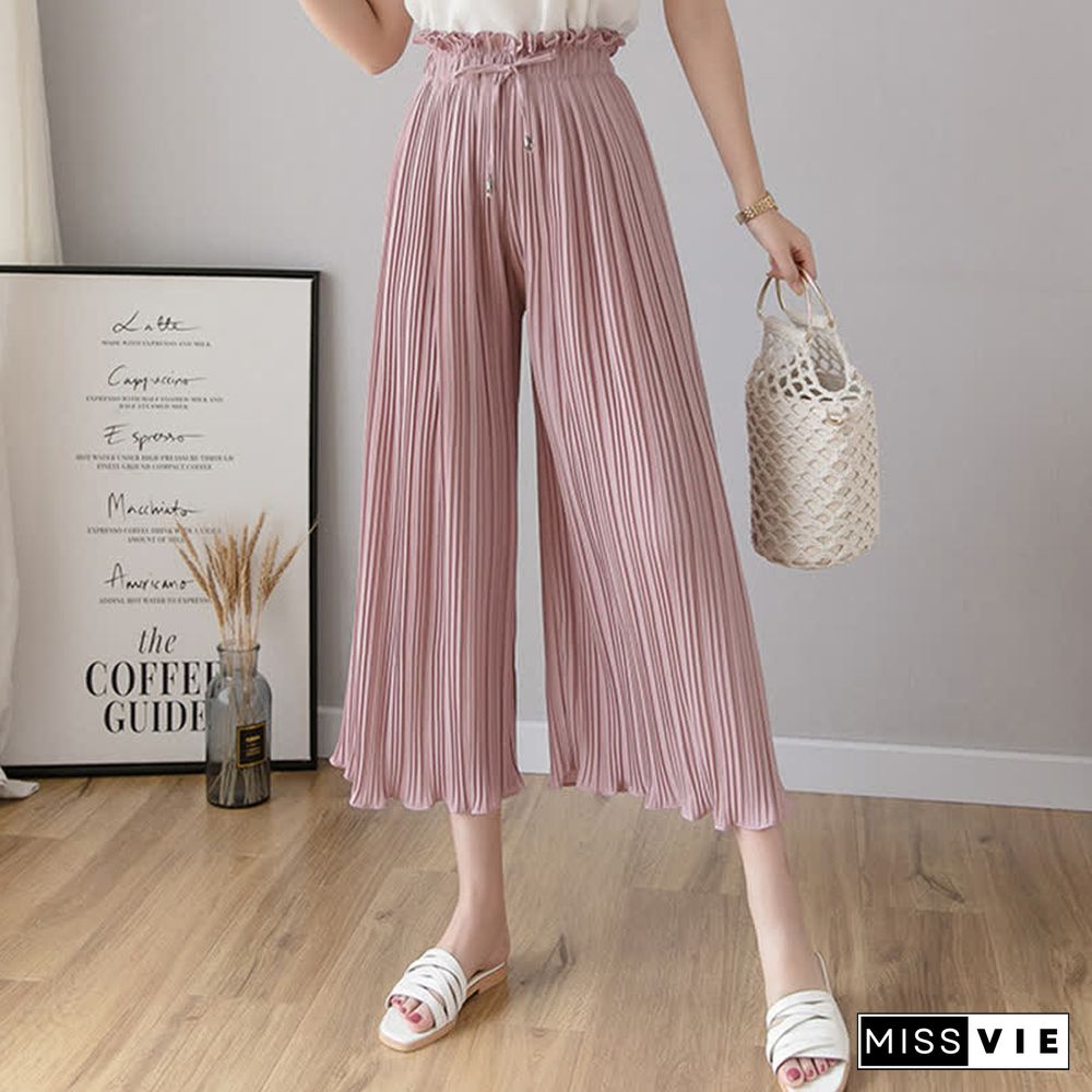 High Waist Chiffon Wide Leg Pleated Casual Pants