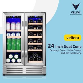 Velivi 24 in.Dual Zone 18-Wine Bottles and 88-Can Built-In and Freestanding with French Door Beverage Cooler in Stainless Steel KMYL120HD