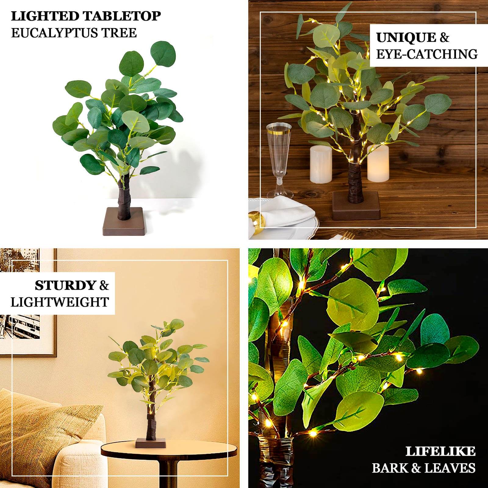 Warm White 50LED Fairy Lighted Artificial Eucalyptus Plant, Battery Operated Tabletop Lighted Tree 17