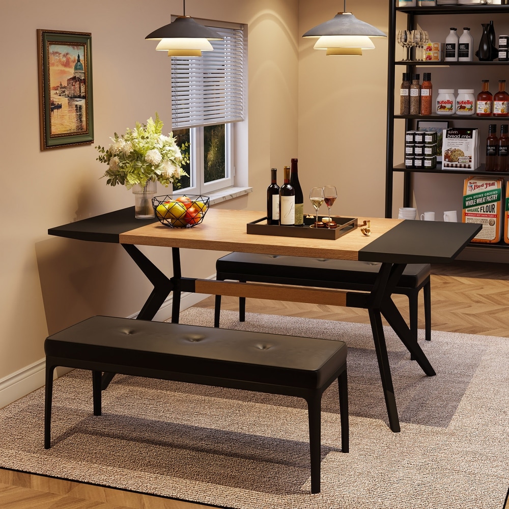 Modern 63 Inch Dining Table for 4 6 People  Rectangular Kitchen Table for Dining Room  Living Room   Natural Oak + Black