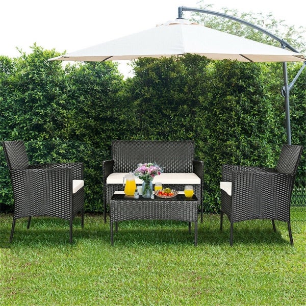 4 Pieces Patio Rattan Cushioned Sofa Set with Tempered Glass Table - Overstock - 37909387