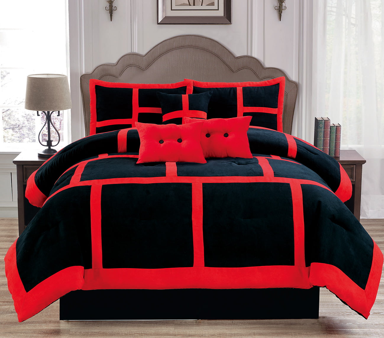 Soft Suede Black and Red Dawn 7 Piece Comforter Set - King Size