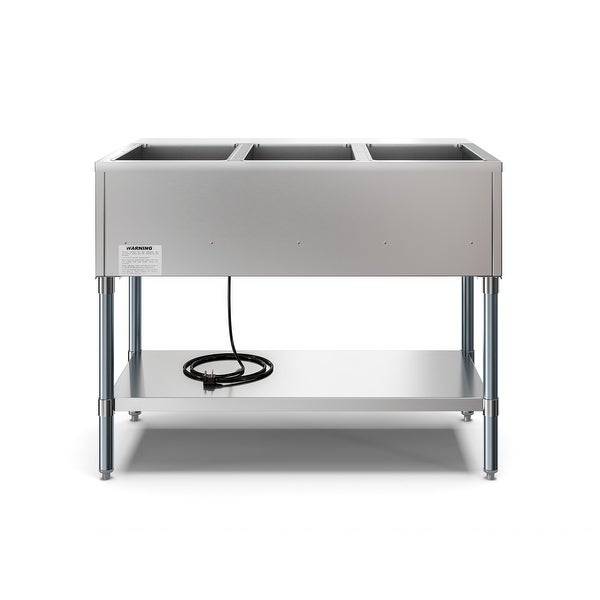 3-Pan Open Well Commercial Electric Stainless Steel Steam Table with Undershelf， Warming Control Knobs， and Front Serving Area