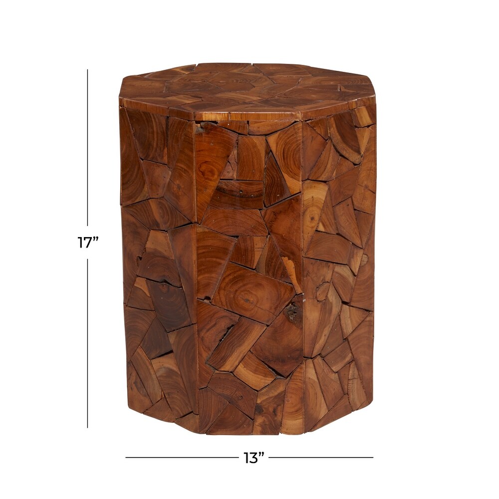 Brown Teak Wood Handmade Accent Table with Mosaic Wood Chip Design