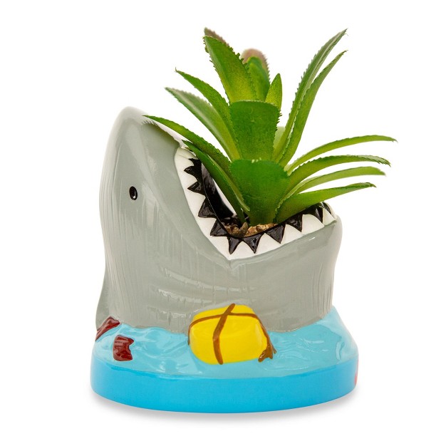 Silver Buffalo Jaws Shark 4 inch Ceramic Mini Planter With Artificial Succulent