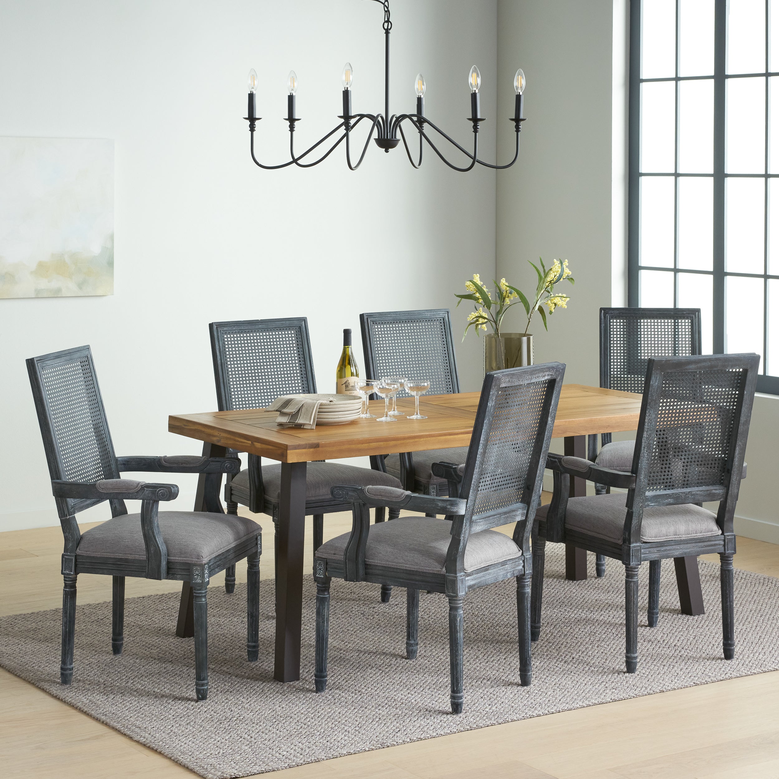 Marten Farmhouse Fabric Upholstered Wood and Cane 7 Piece Dining Set