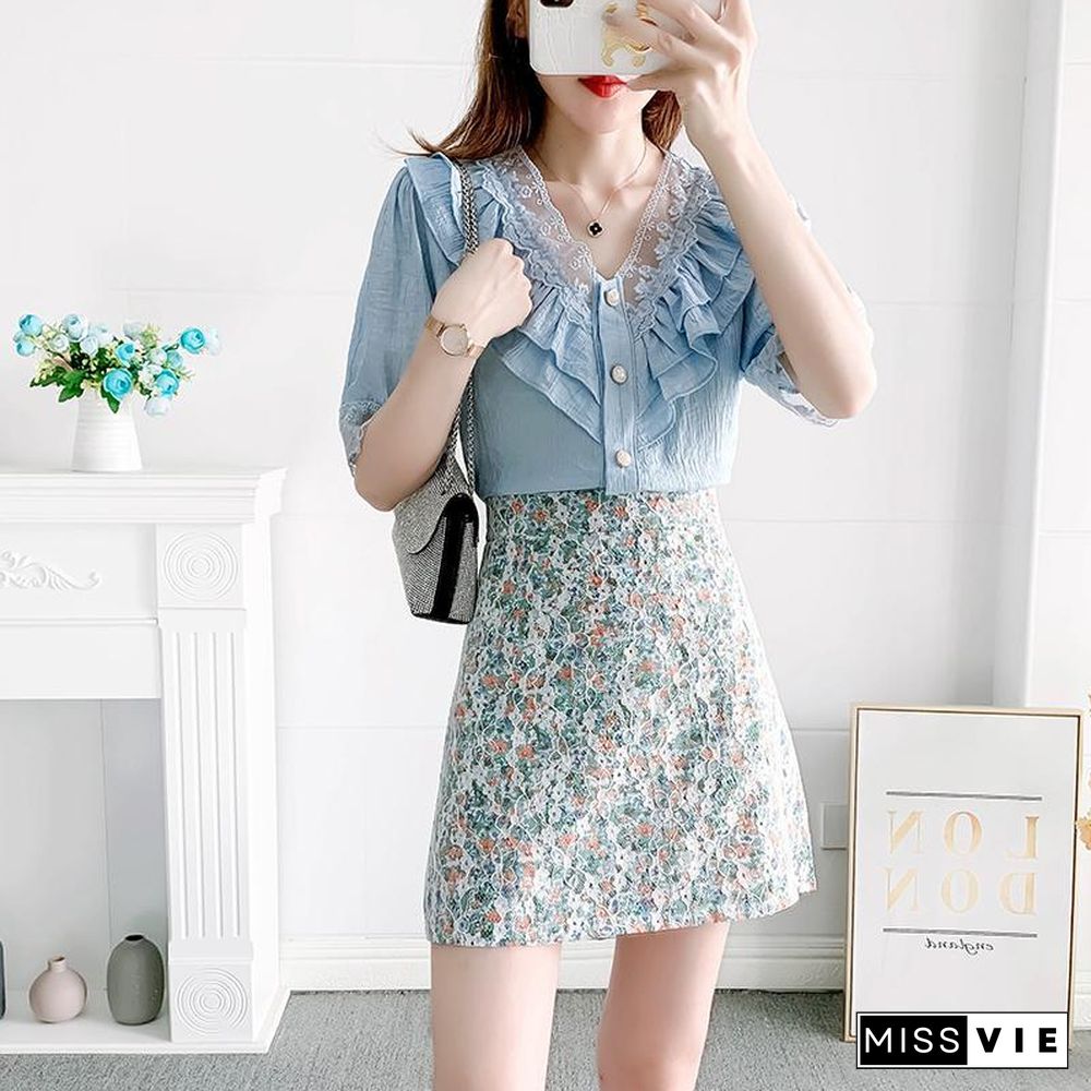 Sweet V-Collar Tee+Floral Skirt P15837